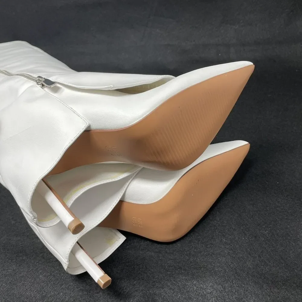 Pretty Little Thing White‎ Pointed Fold Over Stiletto Heel Knee Boots NIB Size 5